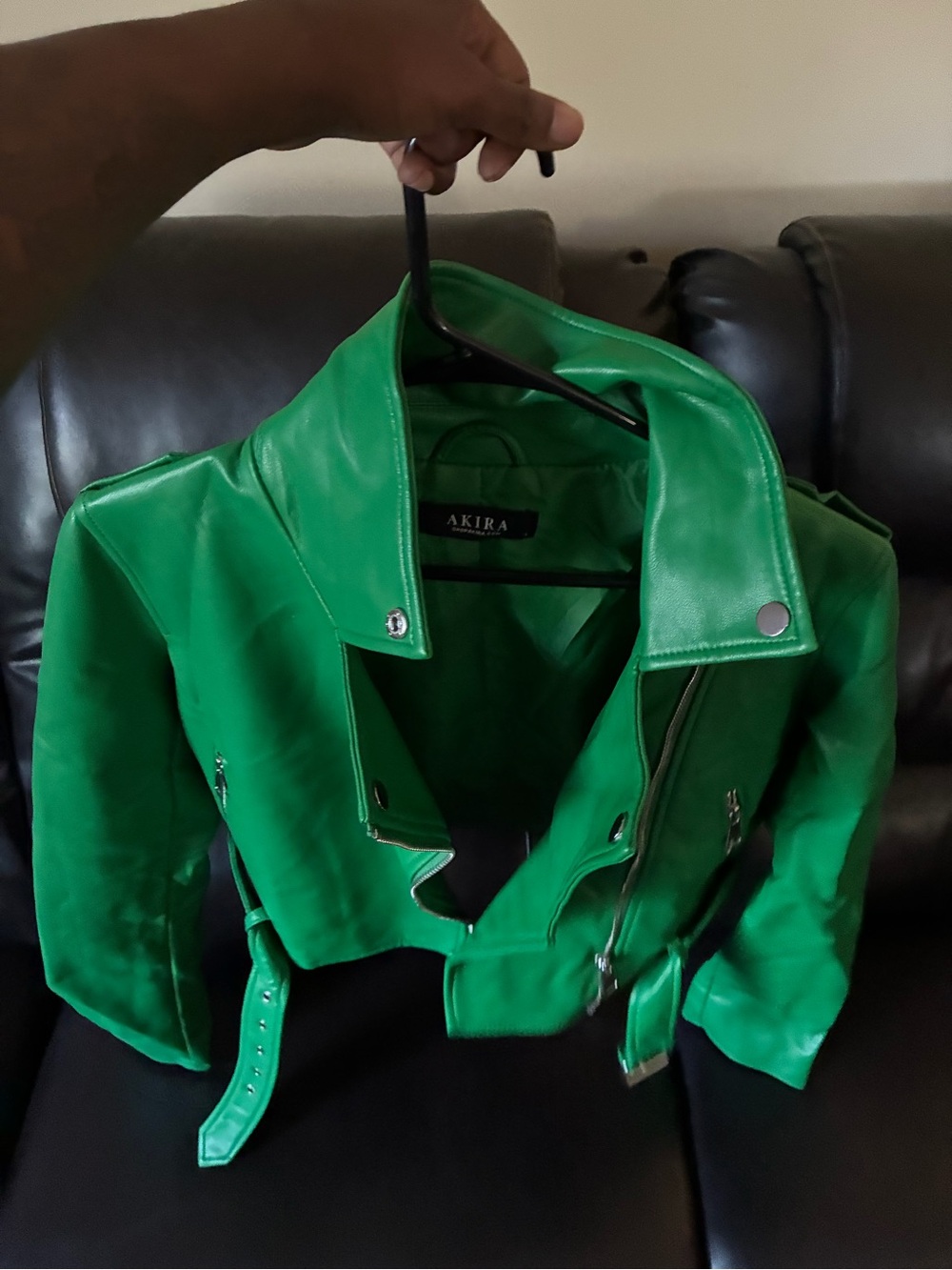 Akira Green Vegan Leather Moto Jacket